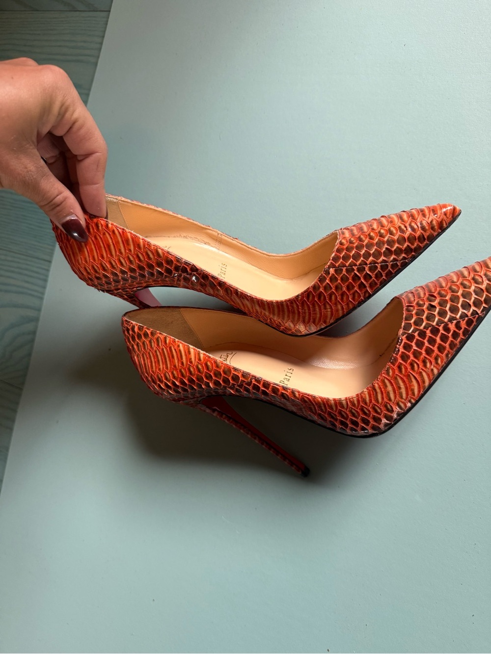 Christian Louboutin Orange Snakeskin Pointed-Toe Stiletto Pumps